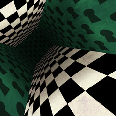 The wonderland room. Background of green walls and a chess floor. Mad Tea party. Colorful background for photo shoots and parties	
