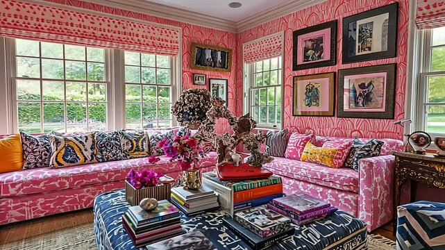 Vibrant pink living room with patterned furniture, artwork, and large windows