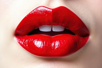 Close-up of luscious red lips against pure white , studio shot, focus, attractive