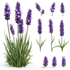 Fototapeta premium Collection of Realistic Lavender Flowers and Plants: Detailed Botanical Illustration of Purple Lavender Blooms, Isolated on White Background, Perfect for Design and Decoration