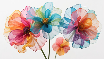 Abstract Colorful Sheer Fabric Flowers on White Background