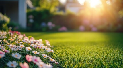 Sunny garden with flowers and grass