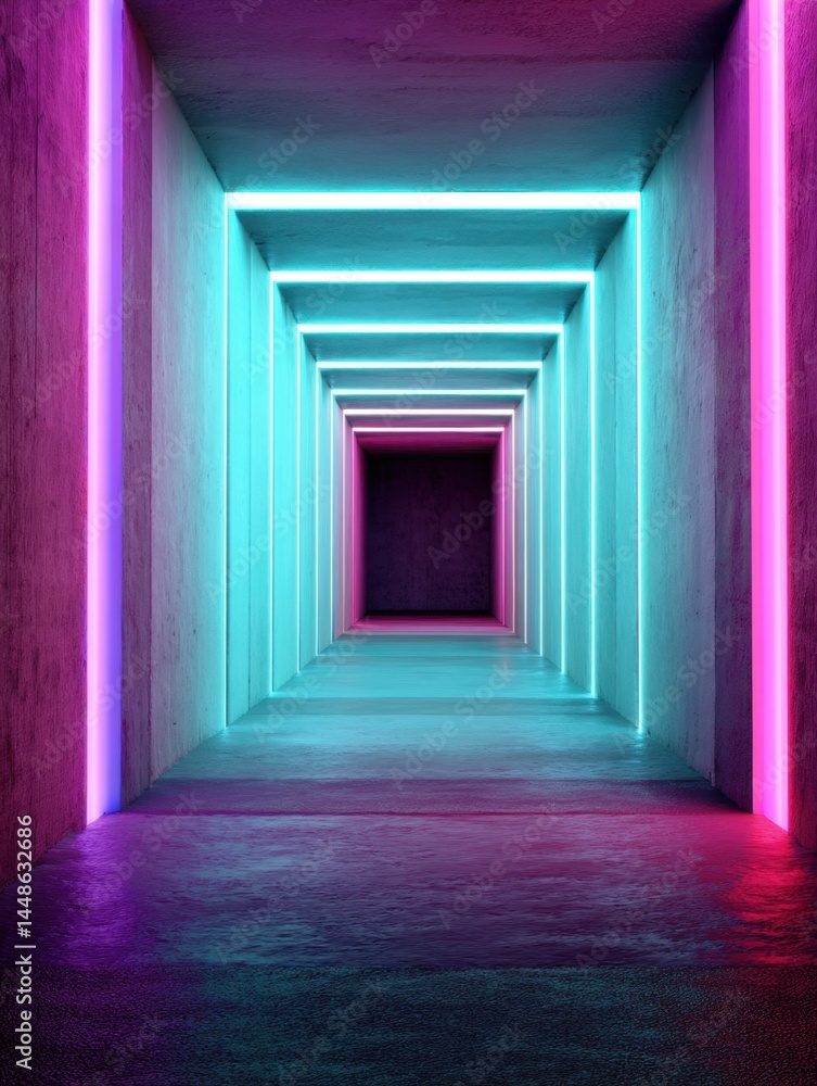 Poster neon illuminated tunnel perspective with vibrant pink and cyan hues creating a futuristic and immers