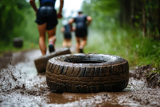 Competitors tackle mud-laden endurance course with tires in forest setting during challenging outdoor event, Competitors in endurance sports event running and stacking tires - Powered by Adobe