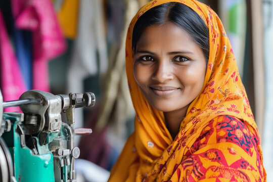 woman wearing a yellow scarf is smiling at the camera. She is standing in front of a sewing machine - Powered by Adobe