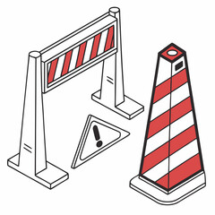 Construction site warning barriers, safety cones and signs, vector illustration, hazard alert