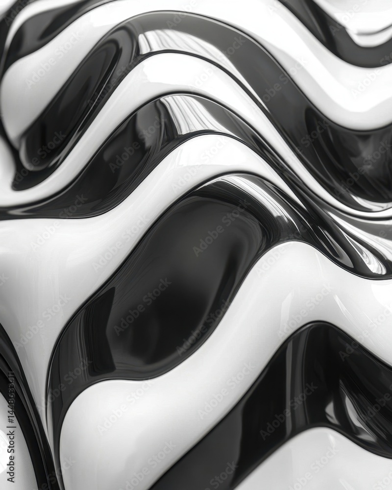 Poster abstract flowing monochrome waves with smooth curves and glossy surface creating dynamic visual rhyt