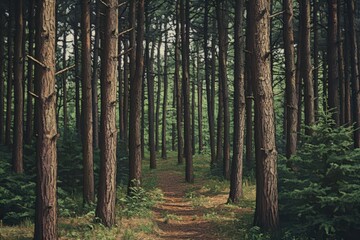Obraz premium Explore the tranquility of a forest pathway surrounded by towering trees and lush greenery, forest in the woods