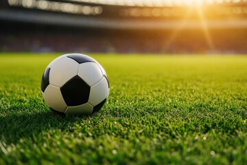 Fototapeta premium Close up of a soccer ball resting on green grass during a sunny evening at a sports field, Close up of soccer ball or football on grass with stadium background