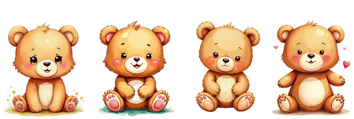 Fototapeta premium Set of 4 Cute Cartoon Brown Teddy Bear Illustrations PNG