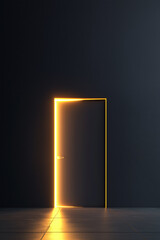 Closed dark door glowing with bright orange light from the edges in a minimal interior, symbolizing opportunity, mystery, or new beginnings