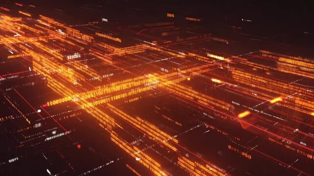 Network connections in data center transparent cubes. Software source code and big data linked in virtual space. Perfect to use as a technology or futuristic background