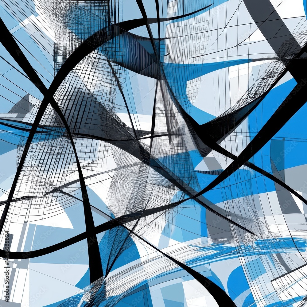 Poster dynamic abstract composition featuring flowing black lines and geometric shapes in shades of blue an
