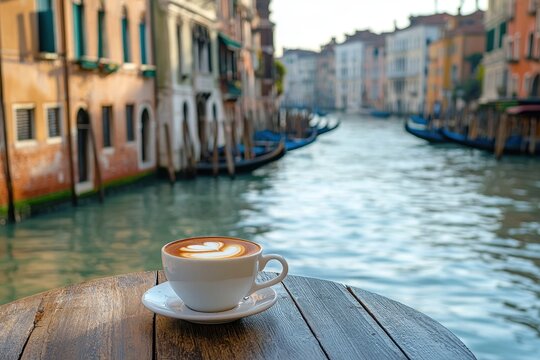 Enjoying coffee on a boat table overlooking the beautiful canals of Venice, Cup of coffee on boat table with canal view in Venice ing