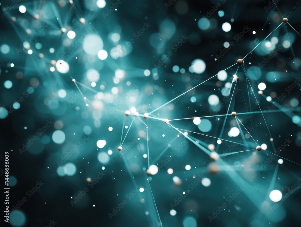 Poster abstract network with glowing spheres and lines creating a futuristic connection in teal background 