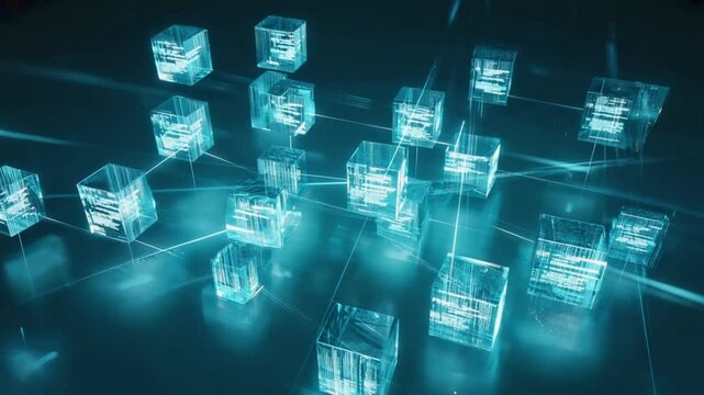 Network connections in data center transparent cubes. Software source code and big data linked in virtual space. Perfect to use as a technology or futuristic background