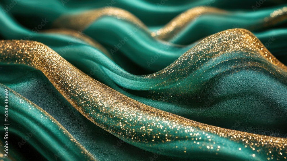 Poster emerald silk fabric with golden glitter accents creating a luxurious and festive backdrop showcasing