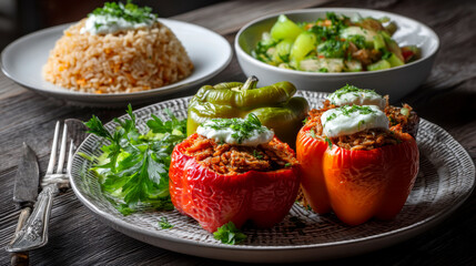 Balkan stuffed peppers with pork and rice served with sides Generative AI