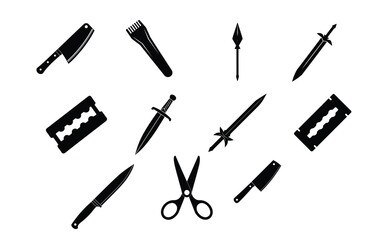 Sharp Weapon Silhouette Vector Bundle & set– Knife, Sword, Blade, Axe, and Dagger Set for Combat and Fantasy Design