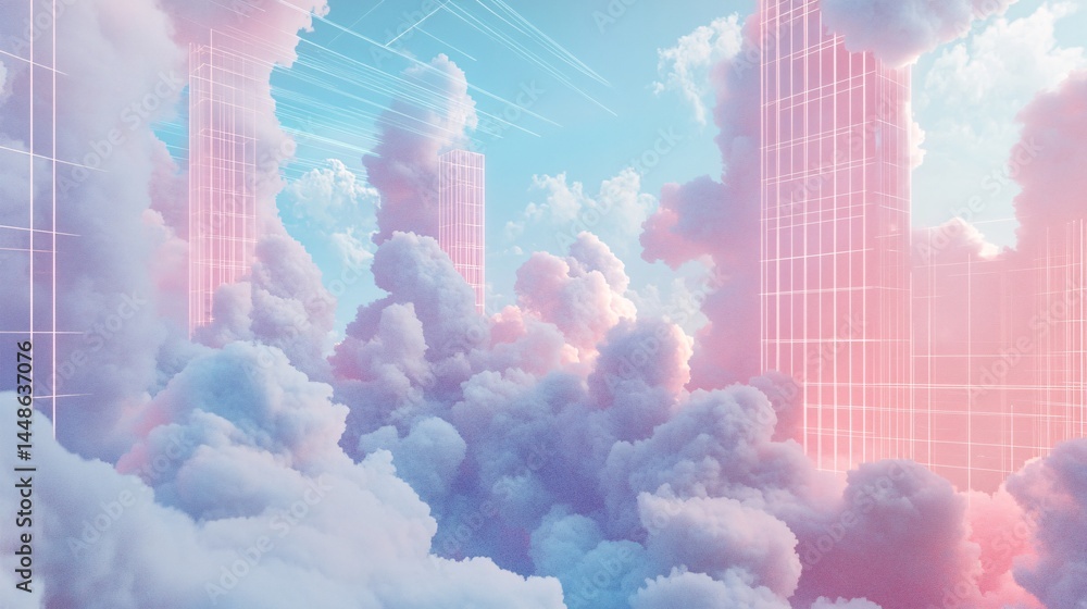 Poster bright pastel clouds float above intricate energy grids illuminated by light