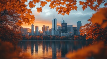 Obraz premium A cityscape framed by autumn leaves with a colorful sunset sky and reflection in the water.