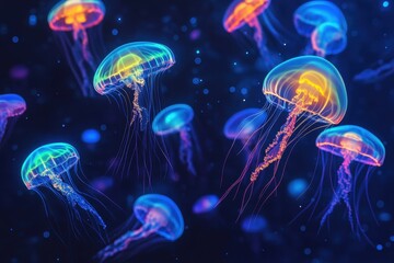Glowing jellyfish illuminate the deep ocean at night with vibrant colors, A group of glowing jellyfish swim in the dark ocean