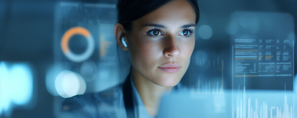 Focused young white woman with wireless earbuds analyzing digital charts and data on a transparent futuristic interface in a modern tech environment