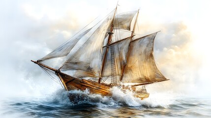 Fototapeta premium Classic wooden sailboat cruising with full sails