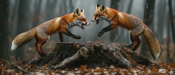 Fototapeta premium Two red foxes face off on a tree stump in a misty forest.