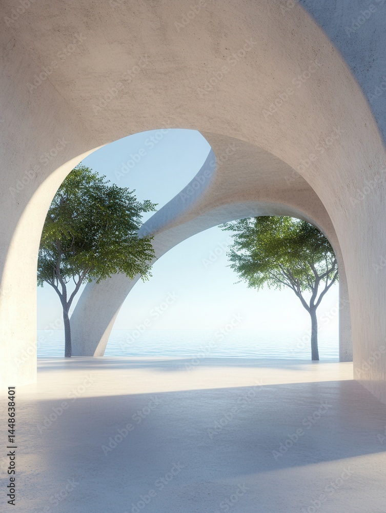 Poster serene architectural vista of concrete arches framing tranquil ocean view with lush trees in soft su