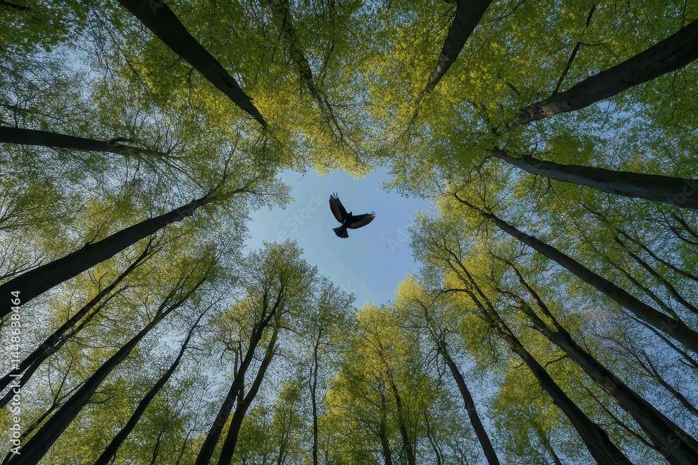 Poster bird soaring through vibrant green trees in a spring forest, flying between the trees in the spring 