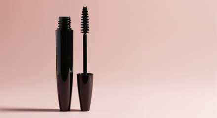 Side angle of mascara wand with visible bristles next to opened black tube on pale pink background, bright and clean studio lighting, editorial-style minimalism with copy space