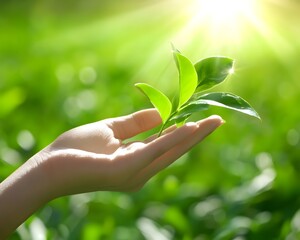 Woman's Hand Holding Fresh Green Tea Leaves Sunlight
