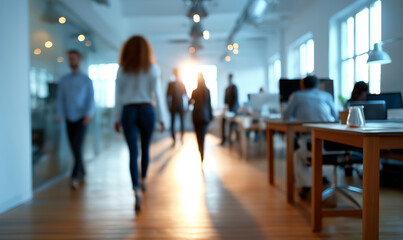 Blurred image of professionals walking and working in a sunlit modern office with wood flooring, open layout, and a collaborative work environment