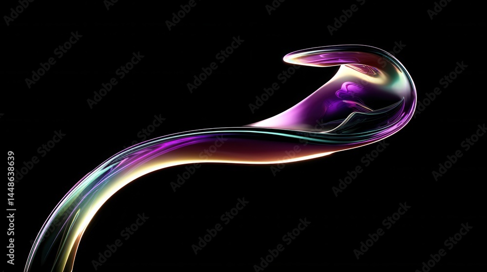 Poster abstract iridescent form on black background with fluid motion and vibrant color gradients creating 