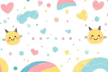 Minimalistic pastel-colored digital illustration featuring smiling cat faces, hearts, stars, clouds, and abstract shapes in a playful, early website style