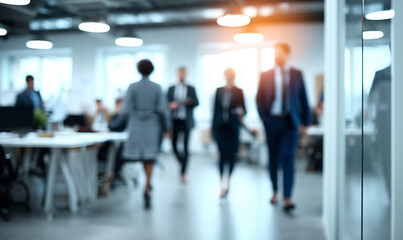 Blurred professionals walking and conversing in a bright, modern open-plan office with desks, ceiling lights, and large windows in a collaborative setting
