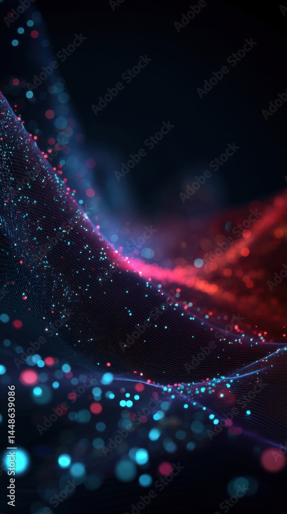 Poster abstract digital wave with flowing particles in red and blue hues against a dark backdrop creating a