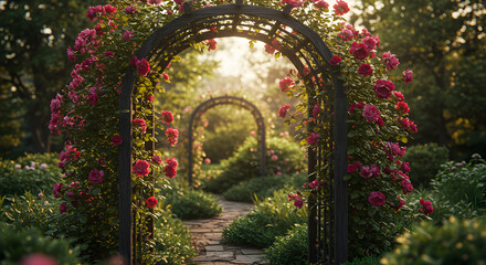 Fototapeta premium Romantic Rose Garden With Arches And Blossoming Flowers In A Serene Setting
