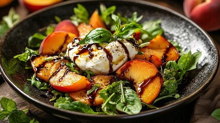 Delicious Burrata Salad Featuring Roasted Peaches and Balsamic Drizzle