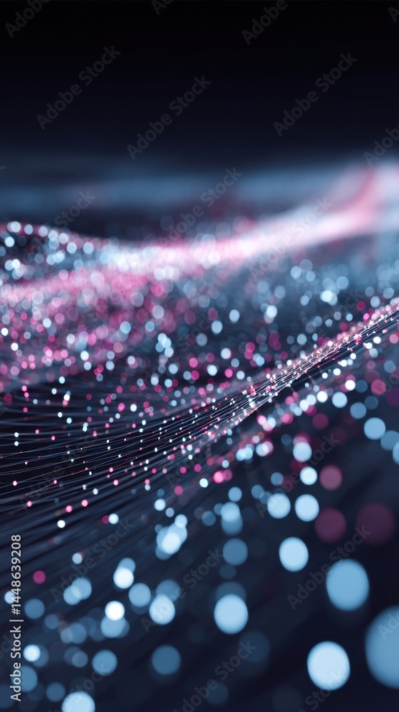 Poster abstract digital background with glowing particles and lines creating a dynamic wave pattern with bo