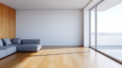 Fototapeta premium Bright Minimalist Interior: Stylish Gray Sofa, Wood Accents, Hardwood Flooring, Expansive Windows and a Light, Airy Aesthetic.
