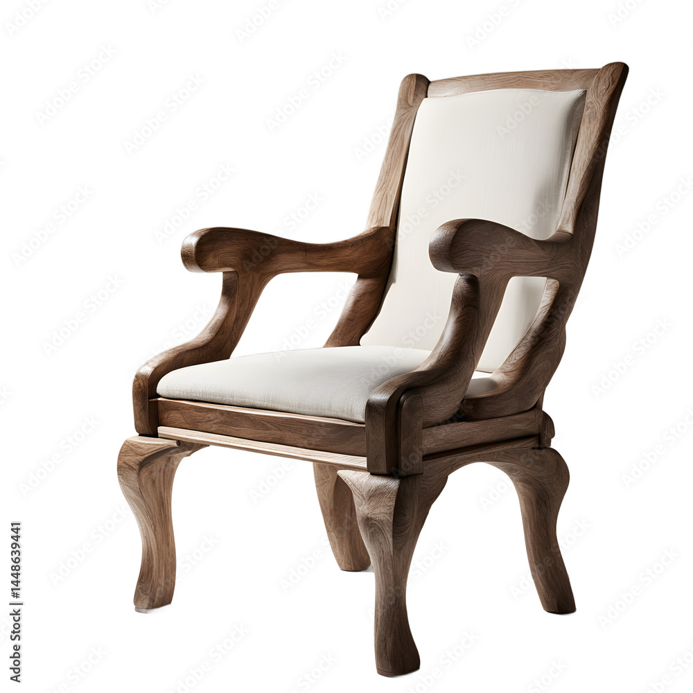 Poster artisanal handmade wooden armchair with rough-hewn finish isolated on a empty plain background