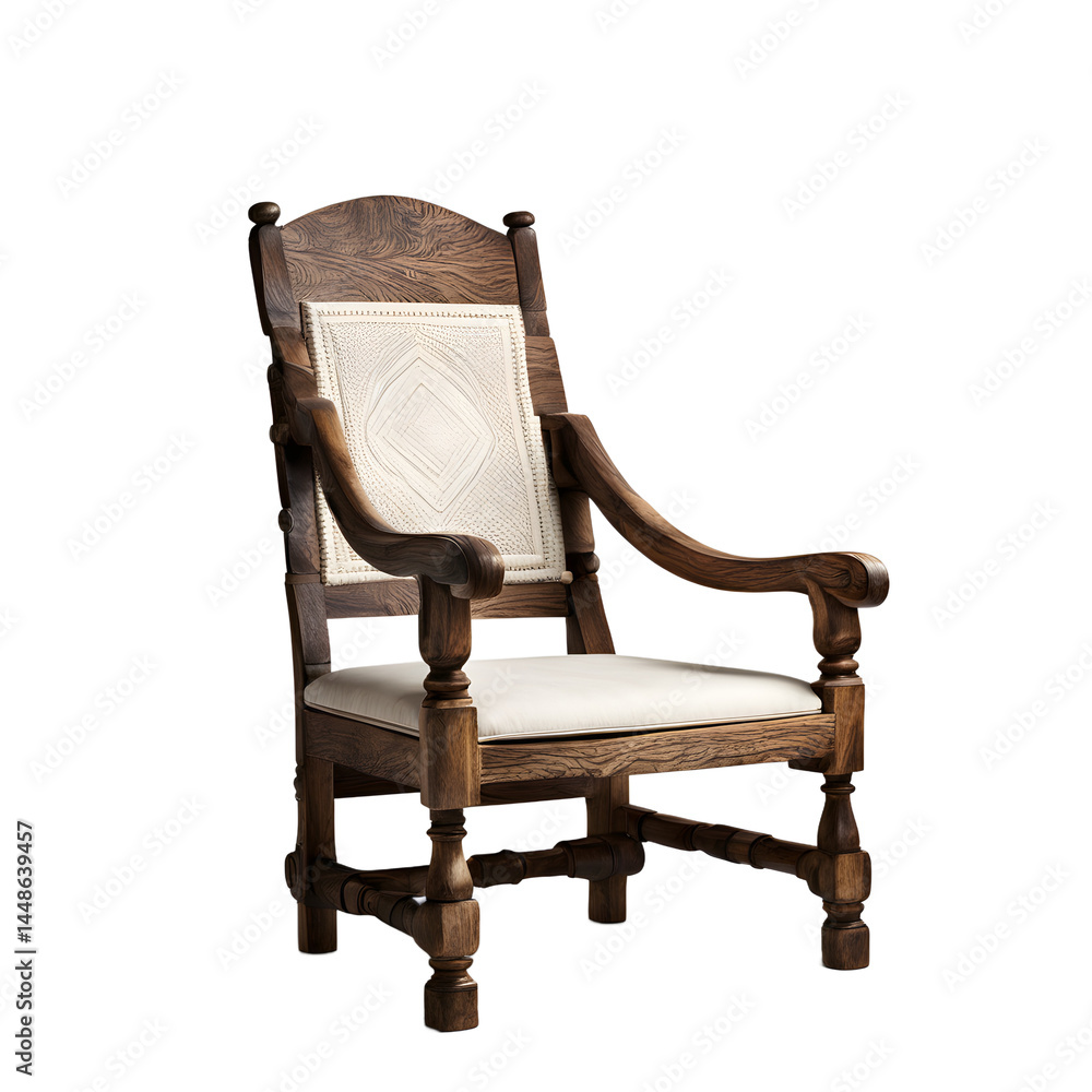 Poster artisanal handmade wooden armchair with rough-hewn finish isolated on a empty plain background