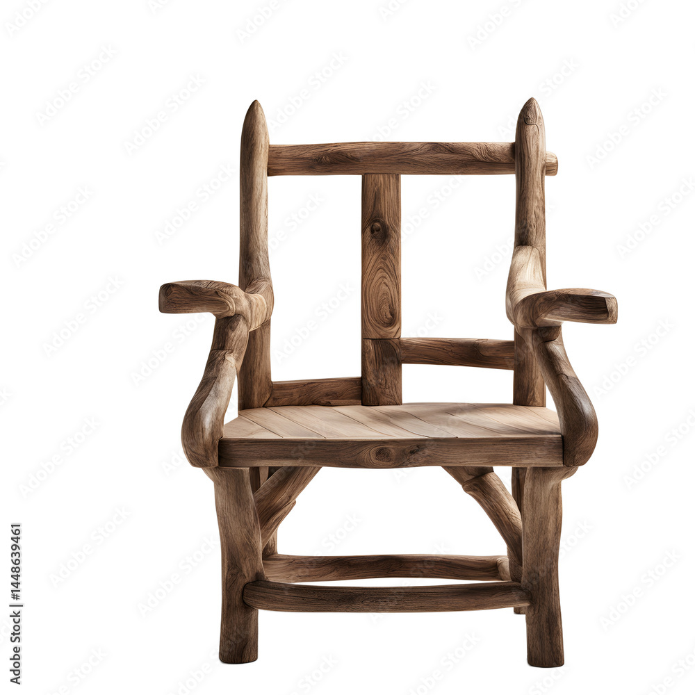 Poster artisanal handmade wooden armchair with rough-hewn finish isolated on a empty plain background