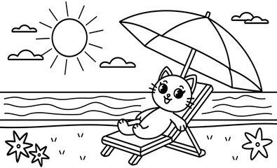  Kitty Relaxing on Beach.  coloring page for Kids. Easy to Color and Printable on 8.5x14 Inch Standard Size Paper