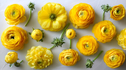 Vibrant yellow ranunculus flowers create a cheerful flat lay for summer celebration Generative AI