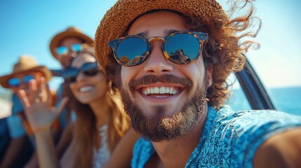 Happy friends selfie, summer road trip, coastal view, vacation fun