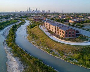 Urban renewal along a river, modern development alongside a historical waterway