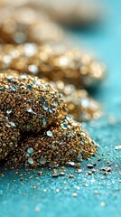 Abstract shimmering golden texture on turquoise surface creating a luxurious and festive atmosphere with a shallow depth of field and soft lighting for a magical effect